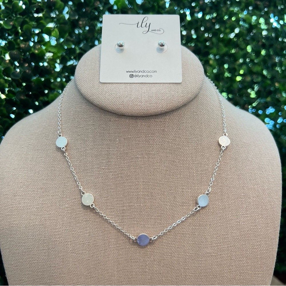 New Silver Tone Necklace and Earring Set | Stackable | Round Disk | Adjustable